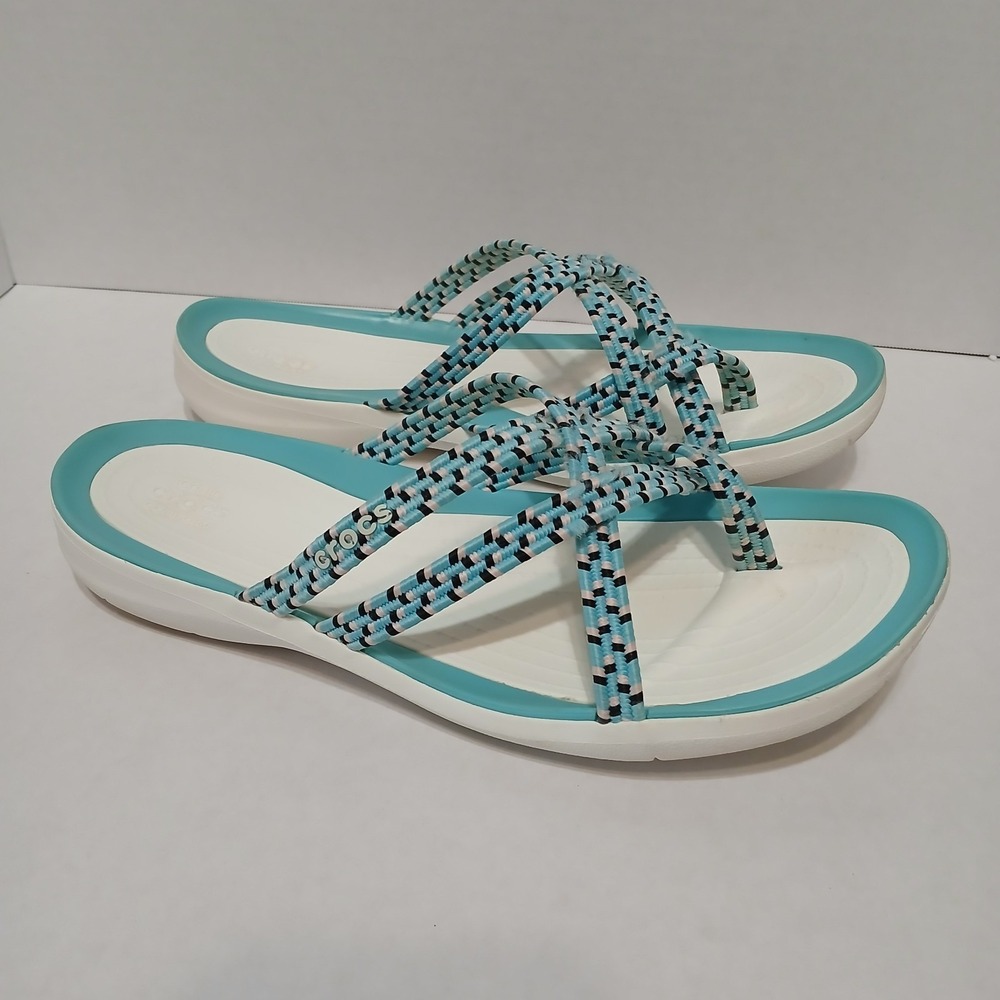 Crocs Women's 9 Swiftwater Braided Web Flip Flop Teal white Slip On Comfort